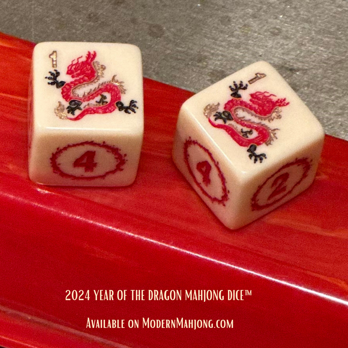 2024 - Year of the Dragon Mahjong Dice™  - Red Dragon - one pair of 19 mm ivory color dice