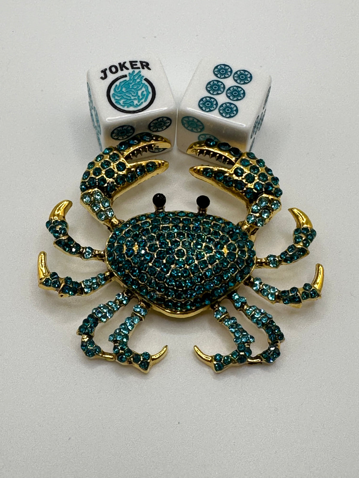 One Joker Away - one pair of white 19mm size dice with turquoise and teal blue