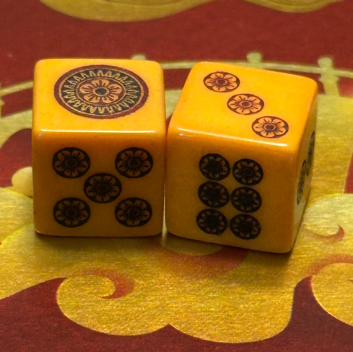 Bakelite limited edition Mahjong Dice - engraved & hand painted designs on vintage Bakelite