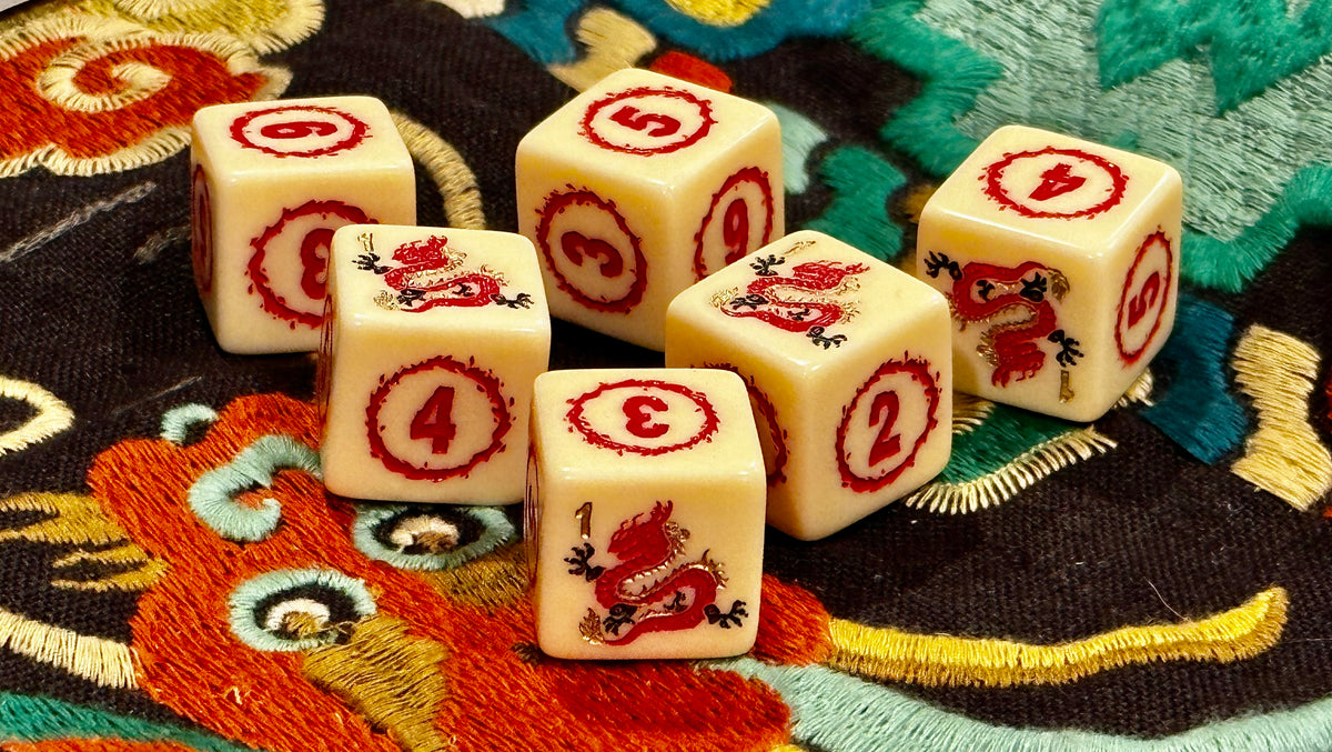 2024 - Year of the Dragon Mahjong Dice™  - Red Dragon - one pair of 19 mm ivory color dice