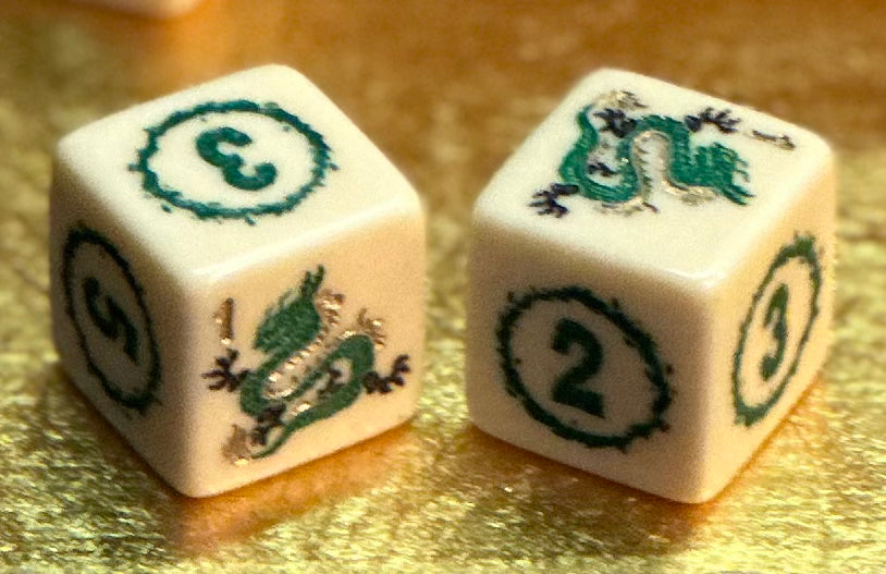 Year of the Dragon Mahjong Dice™  - Green Dragon - one pair of 19 mm ivory color dice