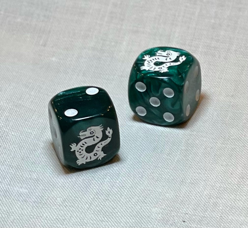 Year of the Dragon Mahjong Dice™  - one pair of Green Dragon 16 mm dice
