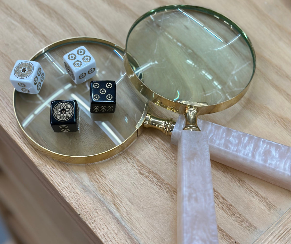 Gold Rush Bling - one pair 19 mm white dice with gold & smoke topaz stone