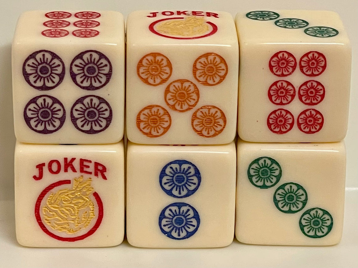 Mah Jongg Ivory Rainbow Roll - one pair of larger 19 mm ivory dice with multicolors