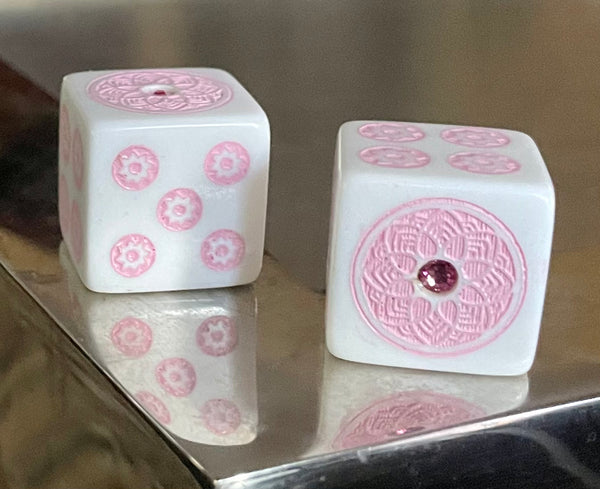 STAY TUNED FOR RESTOCK! Pink on White Bling - one pair 19 mm white dice with pink with pink stone