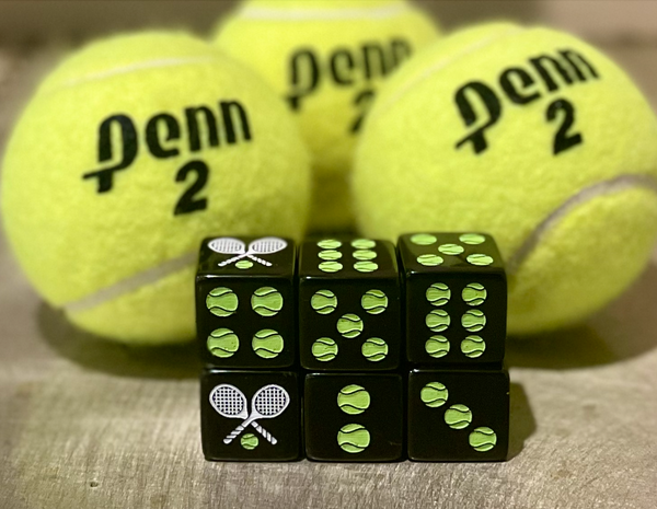 Grand Slam! One Pair of Tennis Mahjong Dice™  Slightly larger Size 19mm - Black with Tennis Ball and Racket Design