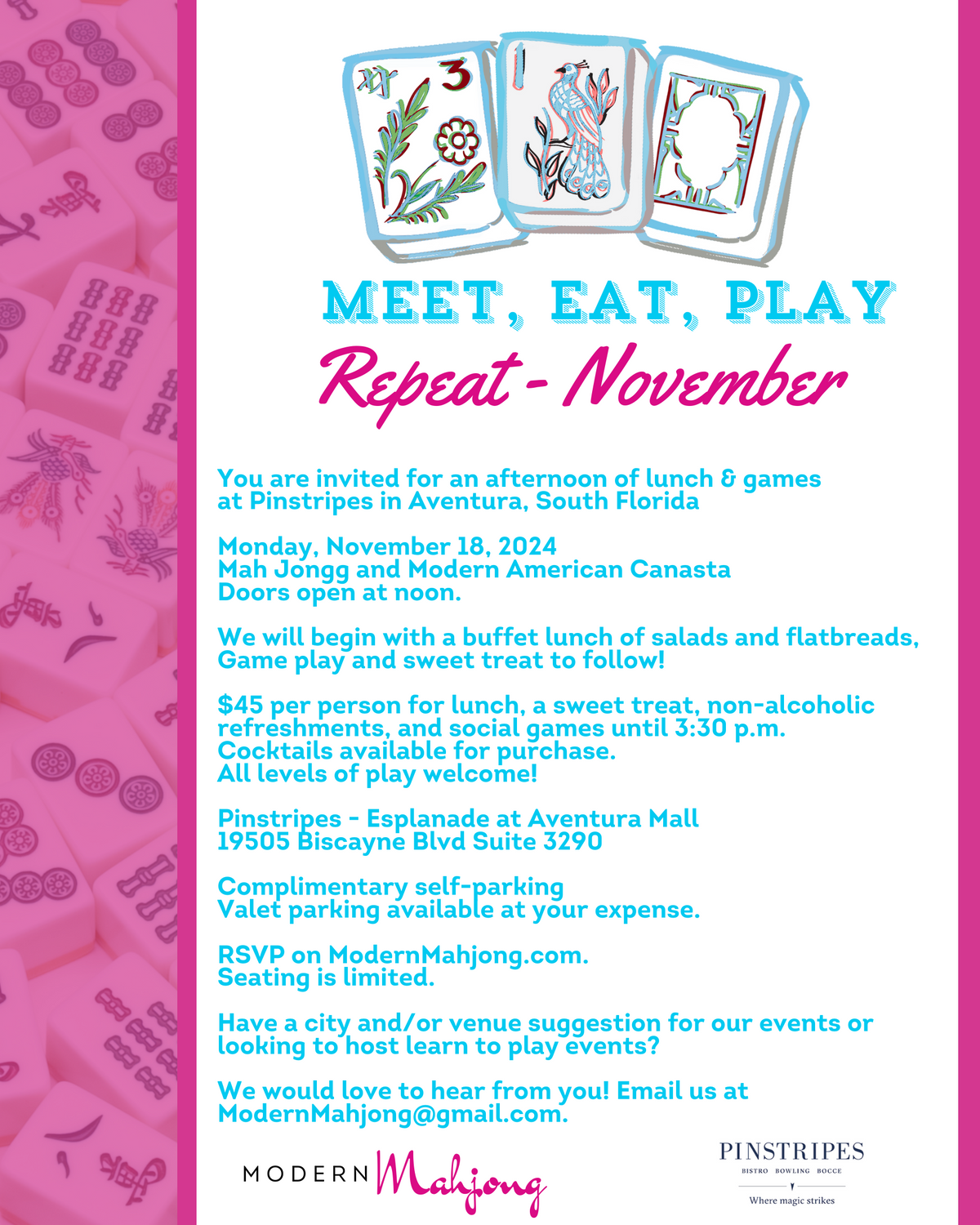 November 18, 2024: Meet Eat Play Repeat at Pinstripes (Esplanade at Aventura Mall)