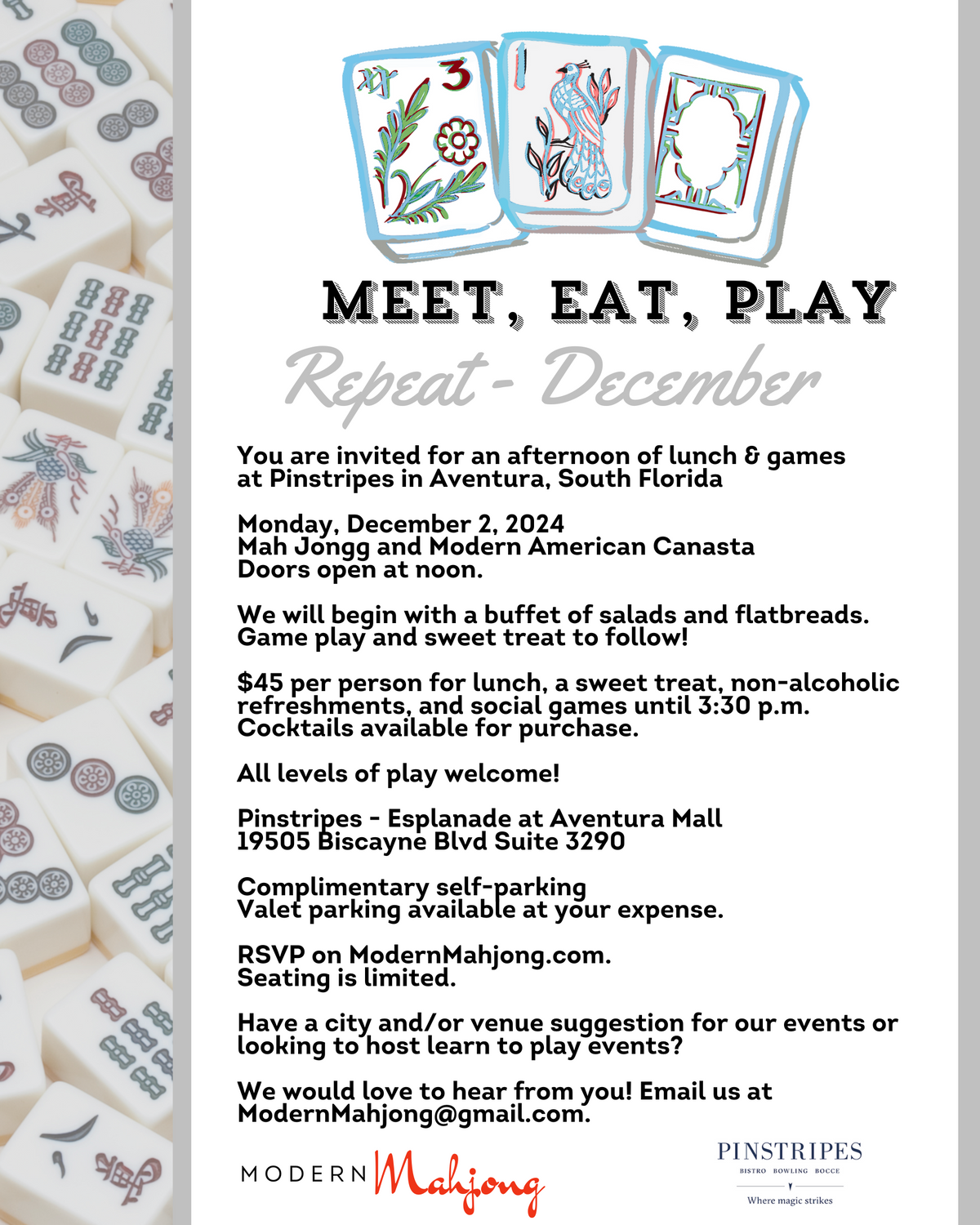 December 2, 2024: Meet Eat Play Repeat at Pinstripes (Esplanade at Aventura Mall)