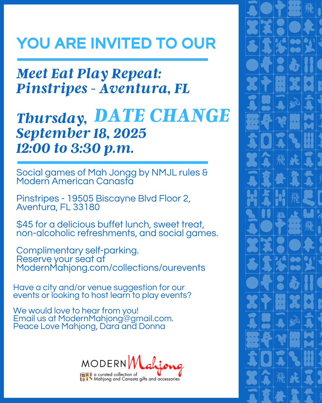 DATE CHANGE: September 18,  2025: Meet Eat Play Repeat at Pinstripes (Esplanade at Aventura Mall)