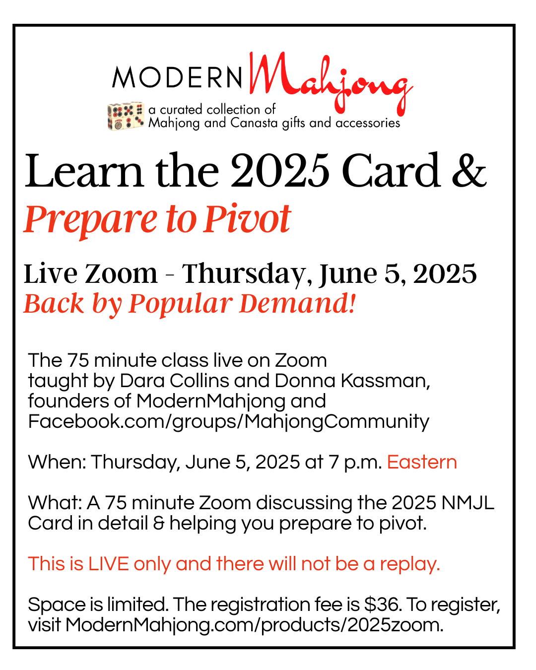 2025 Card ZOOM Online Class Prepare to Pivot - Live Only June 5, 2025 at 7 p.m. EASTERN TIME ZONE