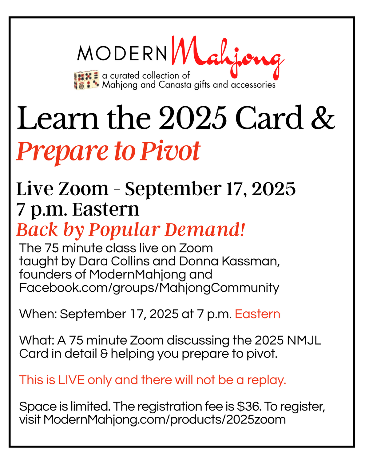 2025 Card ZOOM Online Class Prepare to Pivot - Live Only September 17, 2025 at 7 p.m. EASTERN TIME ZONE