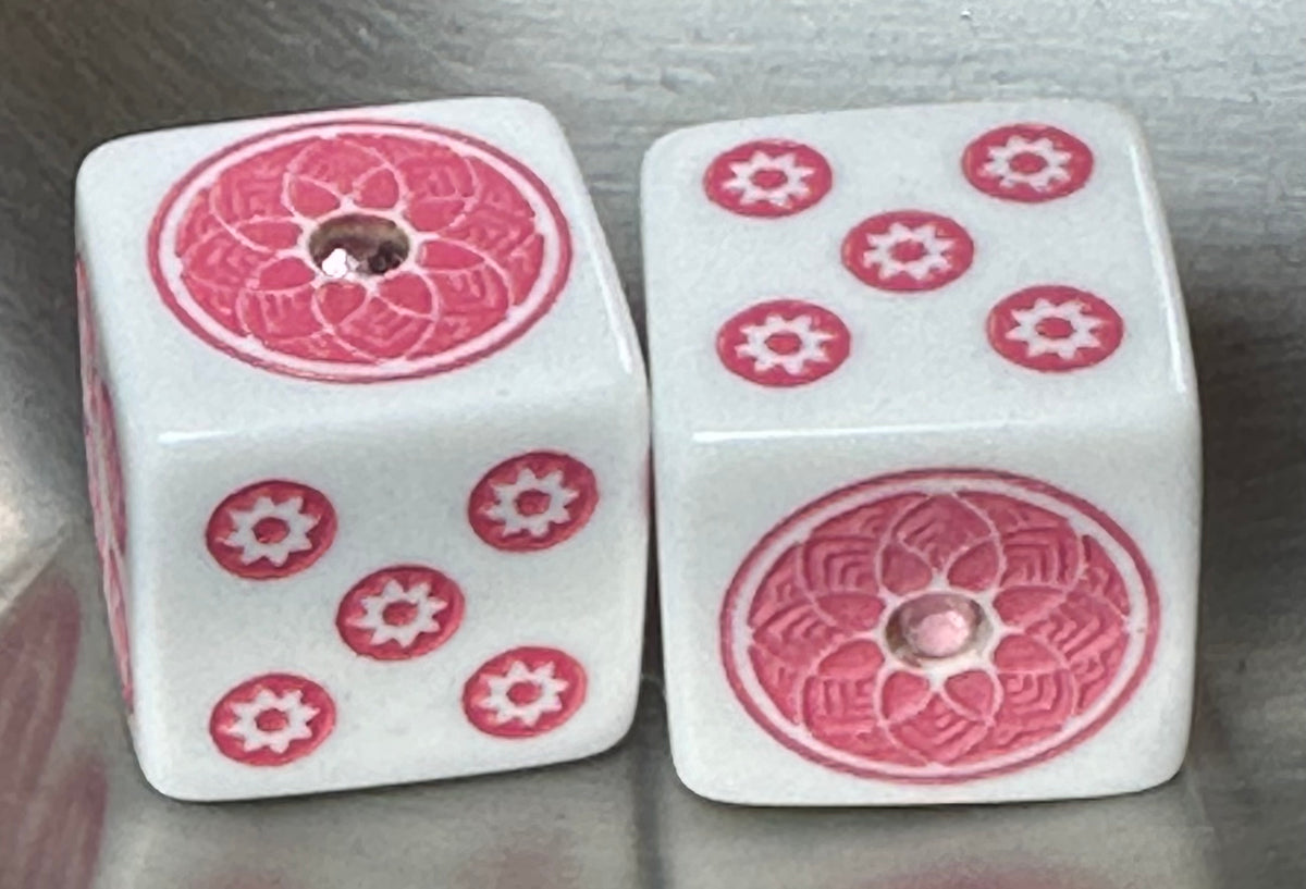 Pink on White Bling - one pair 19 mm white dice with pink with pink stone