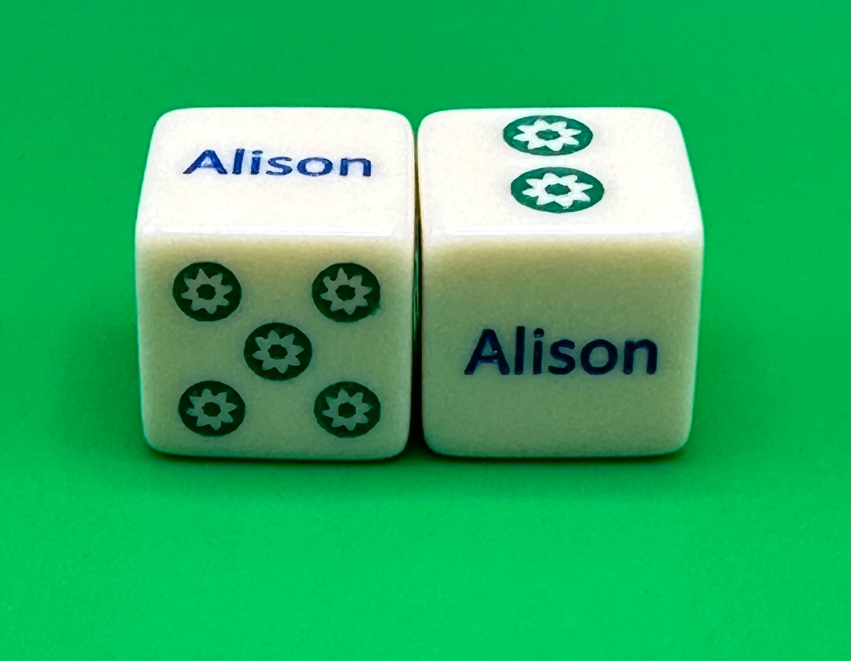 Customized Pair of Mahjong Dice - 19 mm ivory blue and green designs