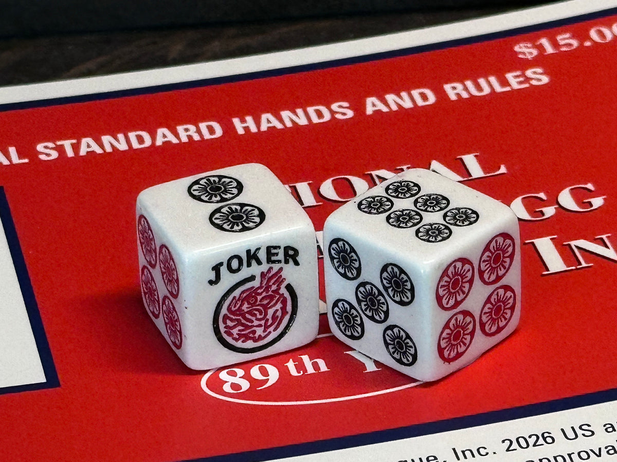 One Joker Away - one pair of white 19mm size dice with red and black