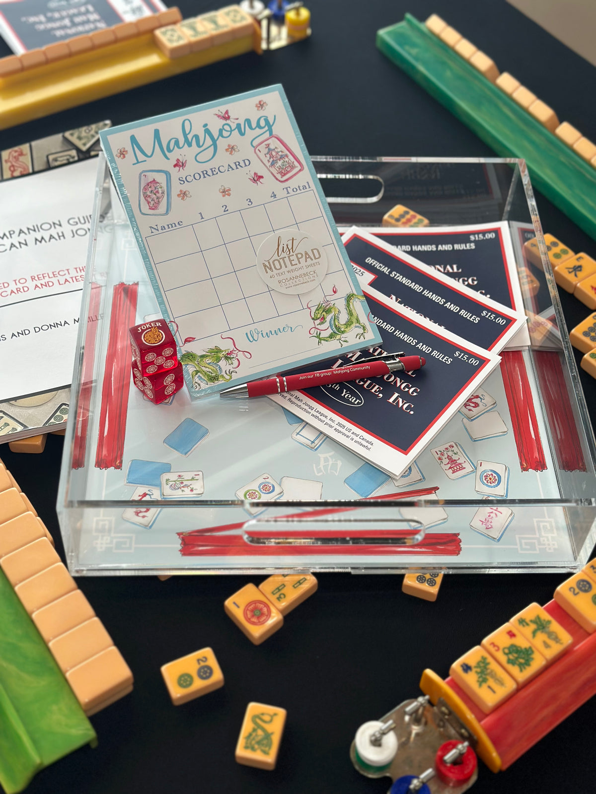 Mahjong Table and Mahjong Tiles Acrylic Tray 12"x 12"