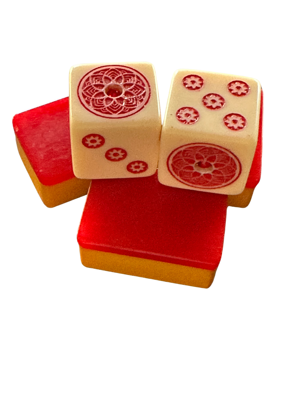 Red Hot Bling - one pair 19 mm ivory color dice with red and red stone