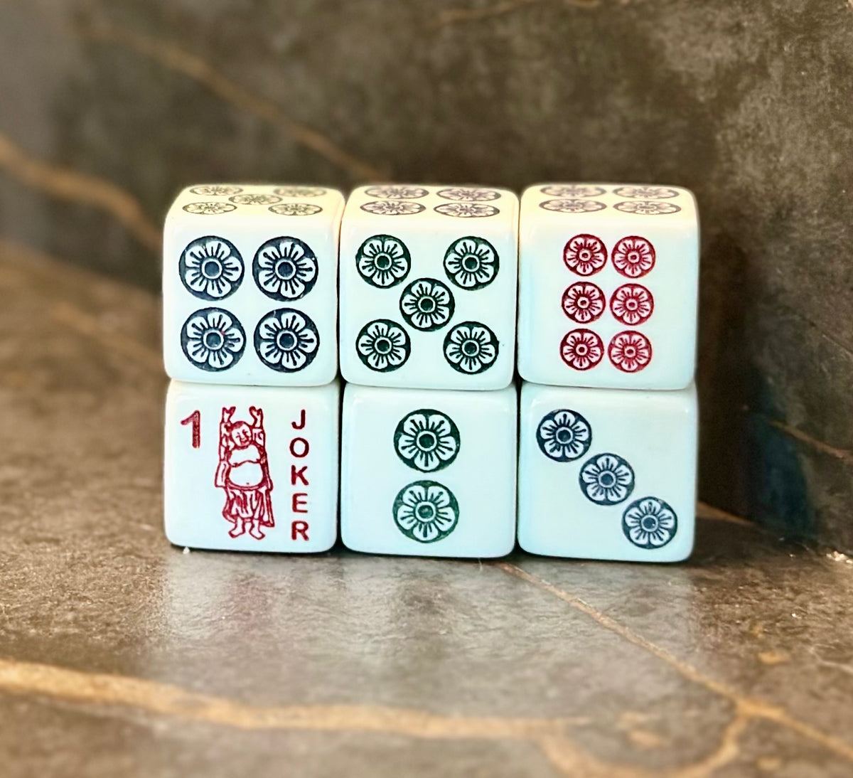 Happy Buddha Jokerless Mahjong Dice™ with Burgundy, Dark Green and Navy Floral Dot Design