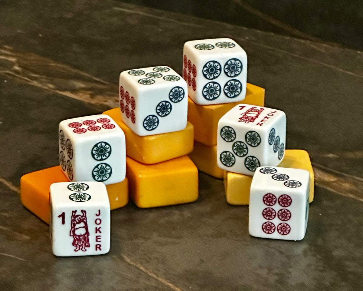 Happy Buddha Jokerless Mahjong Dice™ with Burgundy, Dark Green and Navy Floral Dot Design