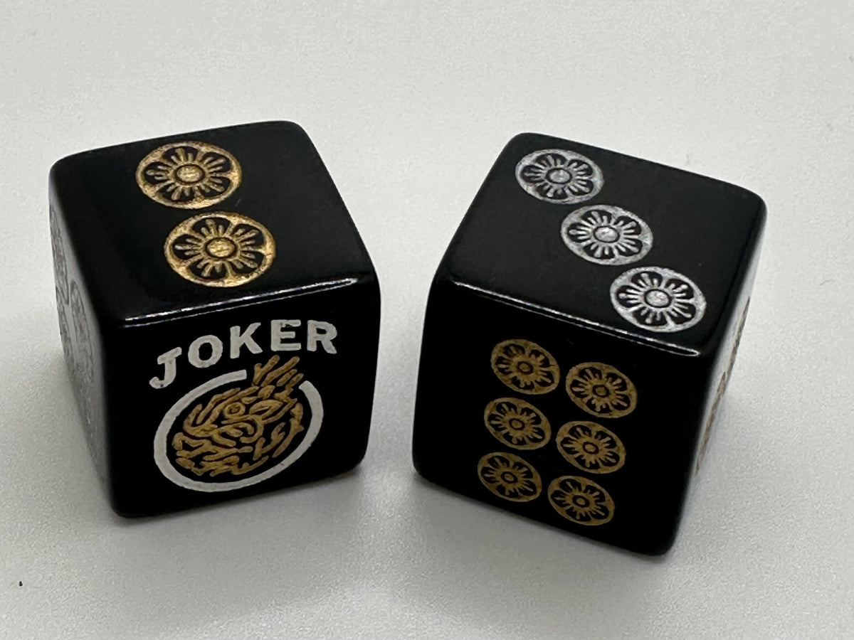 One Joker Away - one pair of black 19mm size dice with gold and silver