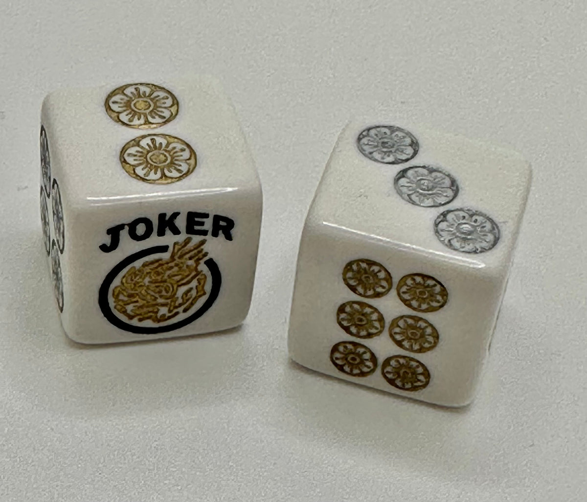 One Joker Away - one pair of white 19mm size dice with gold and silver