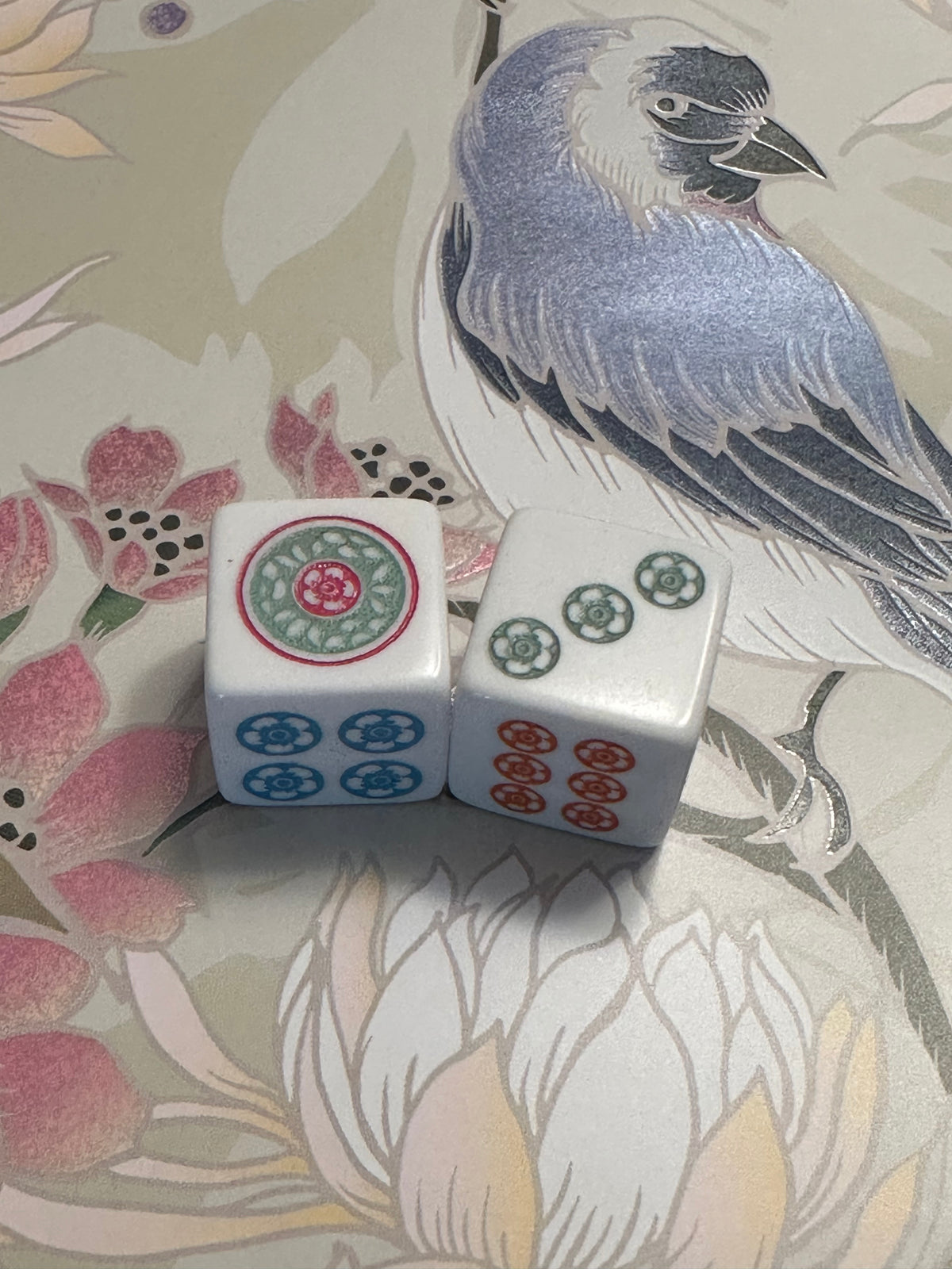 Pretty Floral Sequel - Jokerless Mahjong Dice™ with pink, purple, light blue, green and orange Floral Dot Design