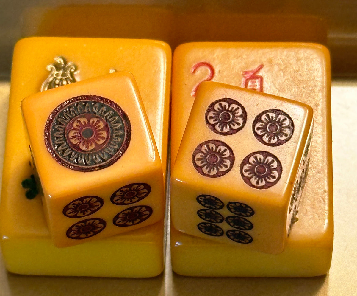 Bakelite limited edition Mahjong Dice - engraved & hand painted designs on vintage Bakelite