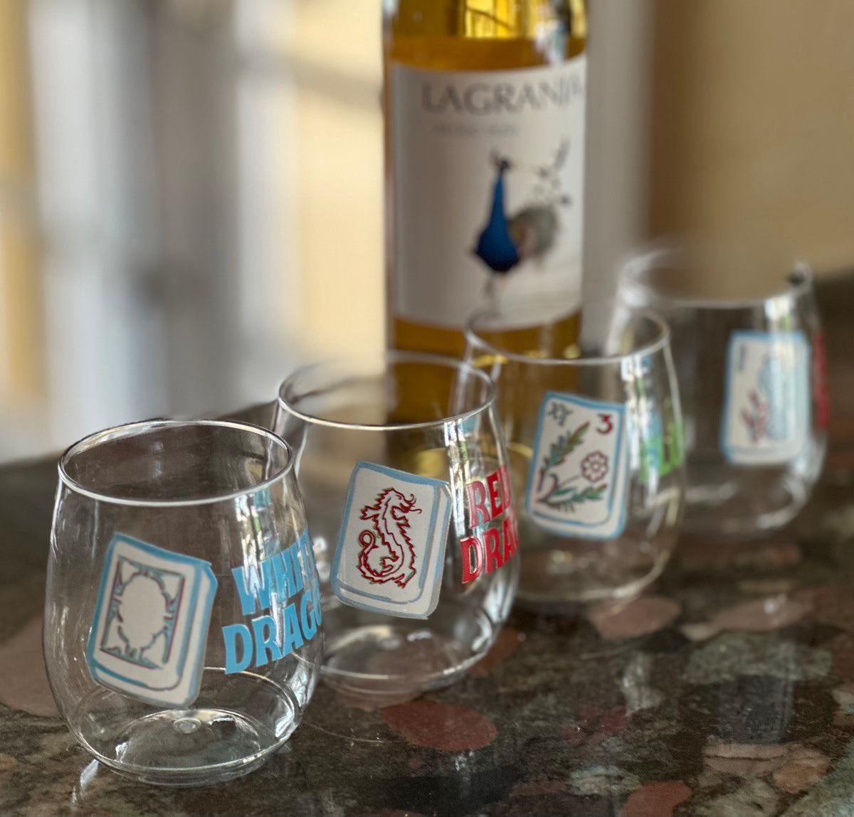 Mah Jongg Themed Set of Four Tile Stemless Wine Glasses - Recycled Plastic Drinkware