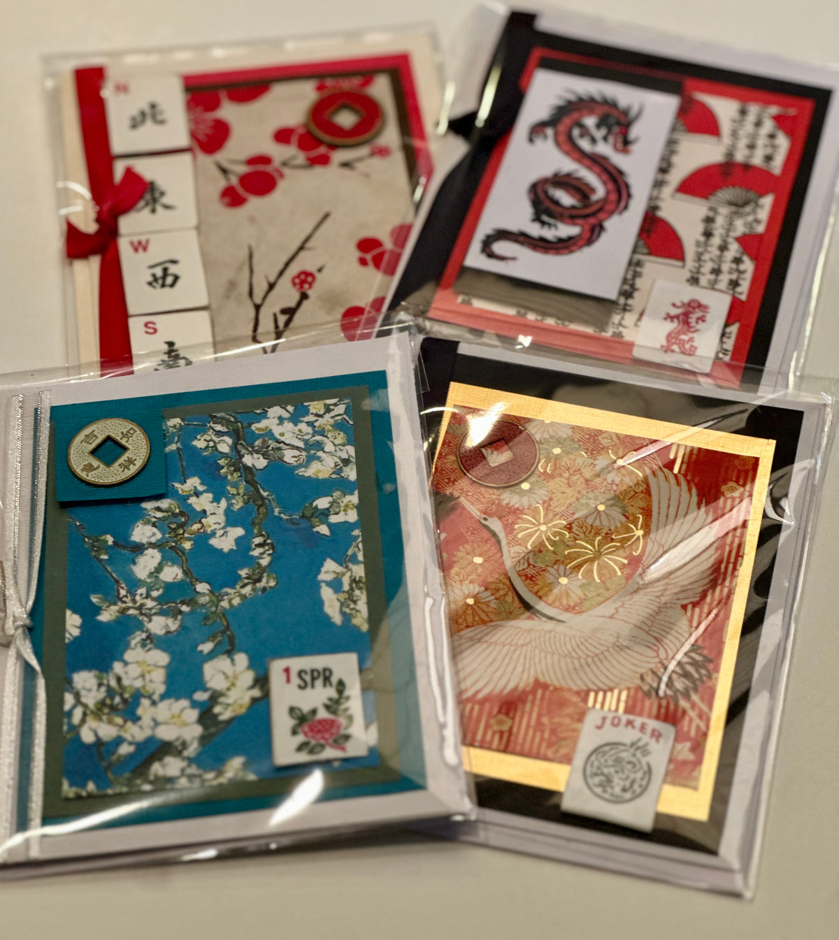 Handmade/Handcrafted Multimedia Mahjong Note Cards (notecard) Series One and Series Two (Made in the USA)