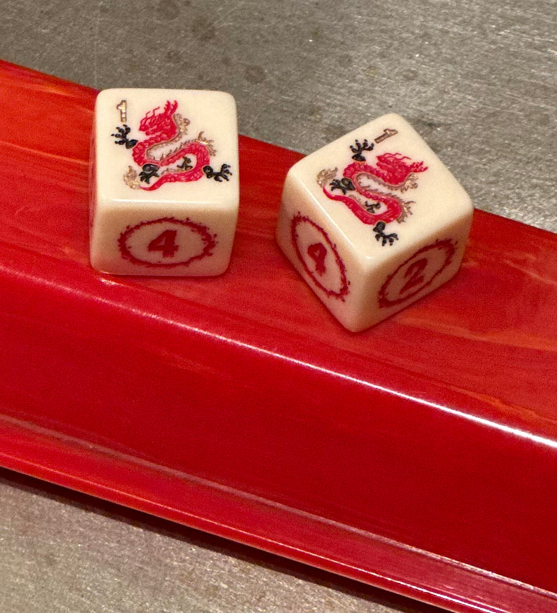 2024 - Year of the Dragon Mahjong Dice™  - Red Dragon - one pair of 19 mm ivory color dice