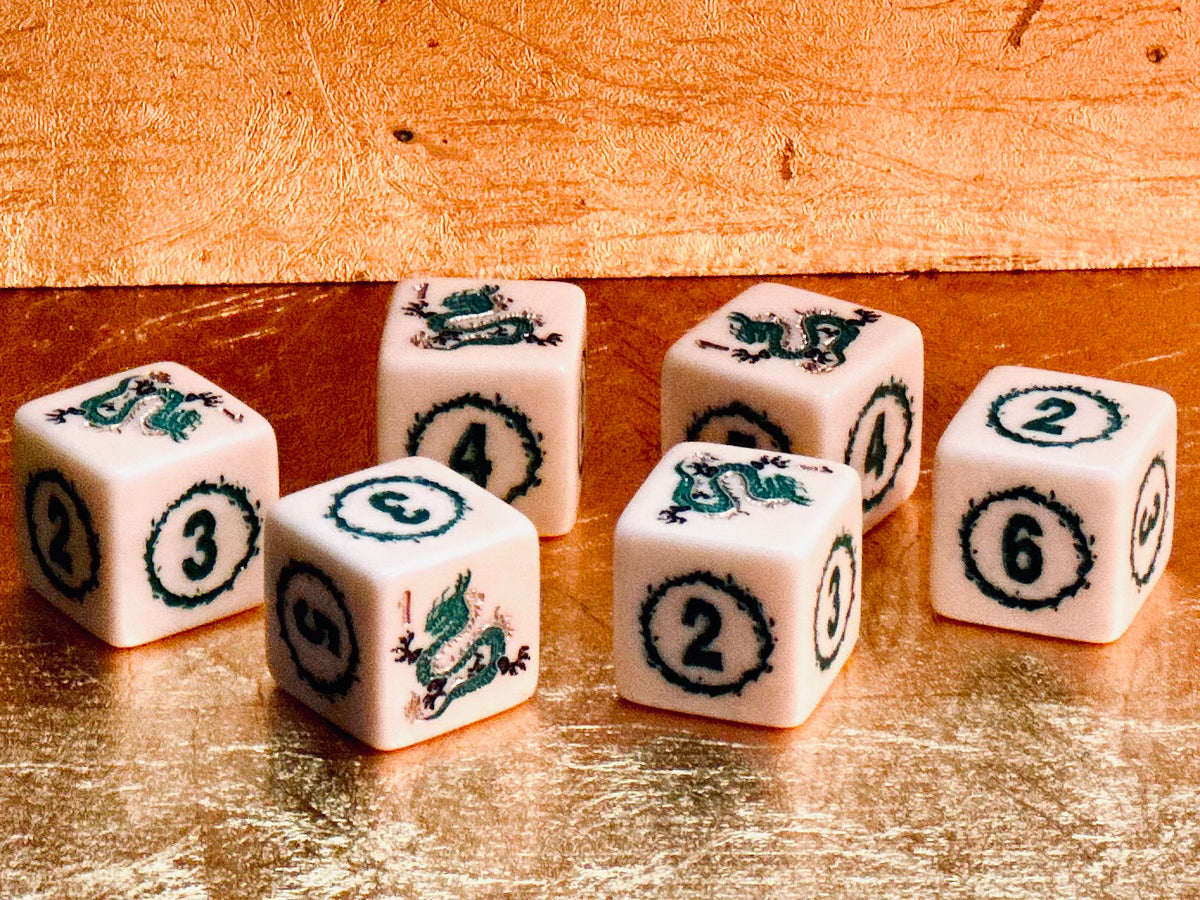 2024 - Year of the Dragon Mahjong Dice™  - Green Dragon - one pair of 19 mm ivory color dice