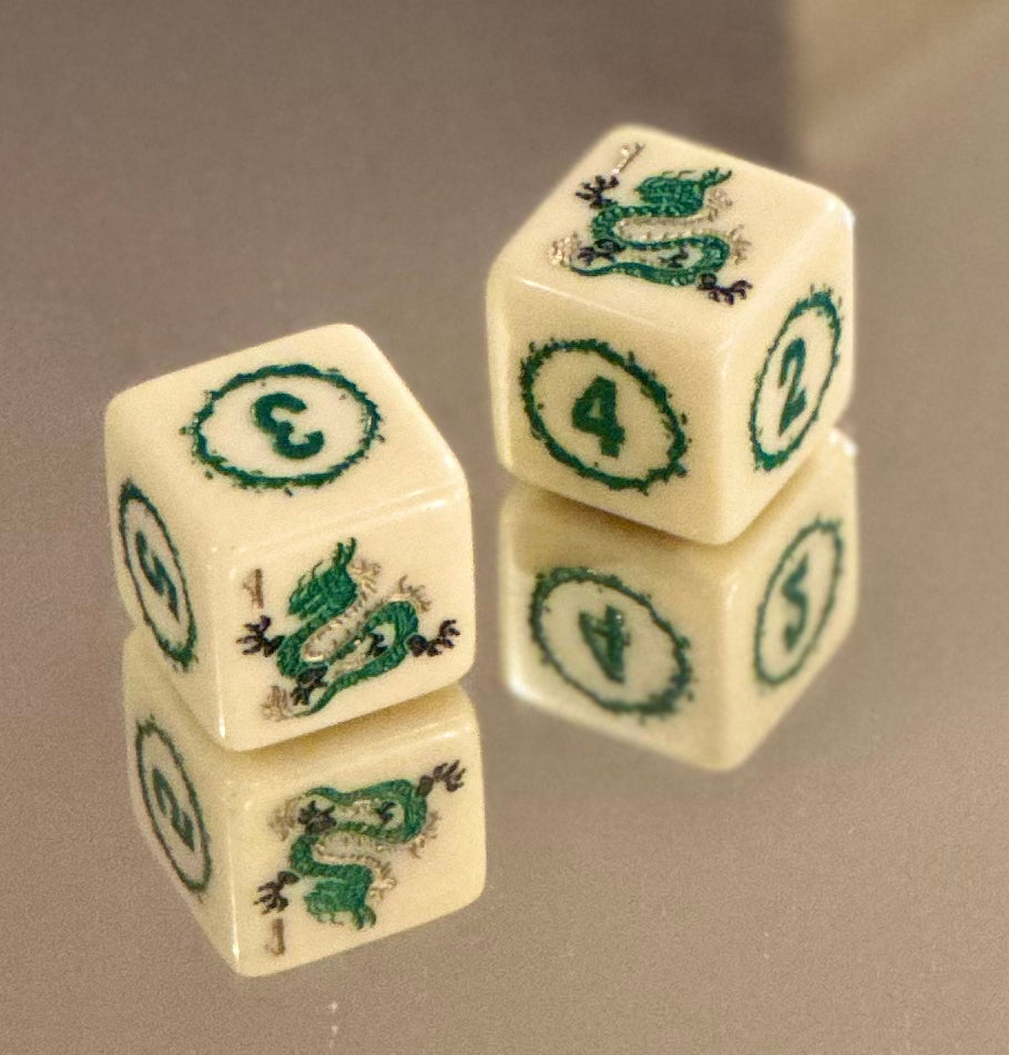 Year of the Dragon Mahjong Dice™  - Green Dragon - one pair of 19 mm ivory color dice