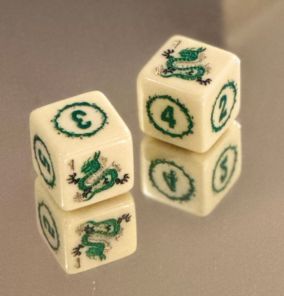 2024 - Year of the Dragon Mahjong Dice™  - Green Dragon - one pair of 19 mm ivory color dice