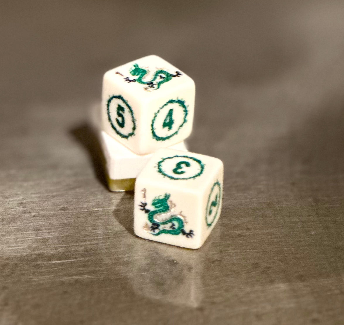 Year of the Dragon Mahjong Dice™  - Green Dragon - one pair of 19 mm ivory color dice