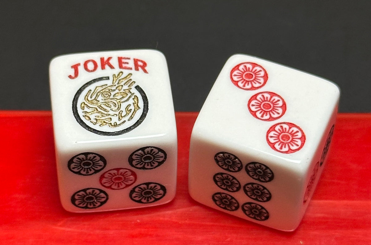 Mah Jongg Larger 19 mm Golden Joker - one pair of white dice with red, black and golden accents