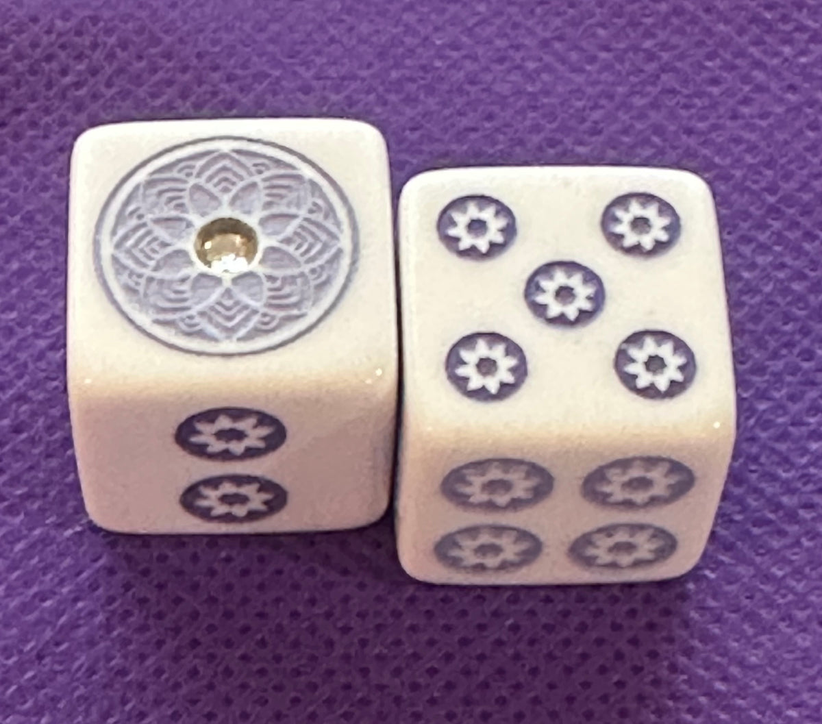 Bling & Shine Purple with Clear Stone to benefit Alzheimer's - one pair 19 mm white dice with periwinkle and purple & clear stone