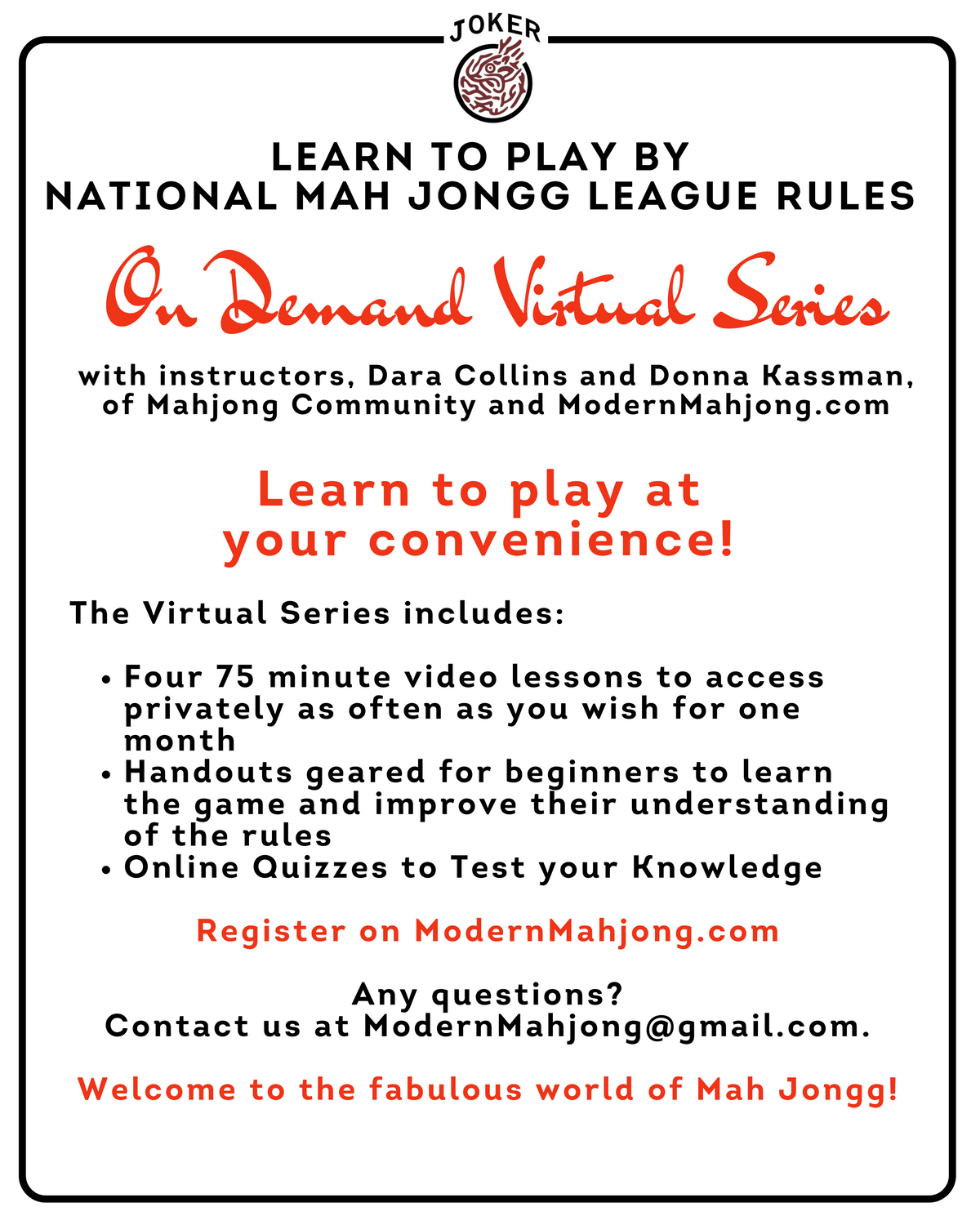 Learn to Play On Demand National Mah Jongg League Rules - A Virtual On Demand Series, with Dara Collins and Donna Kassman