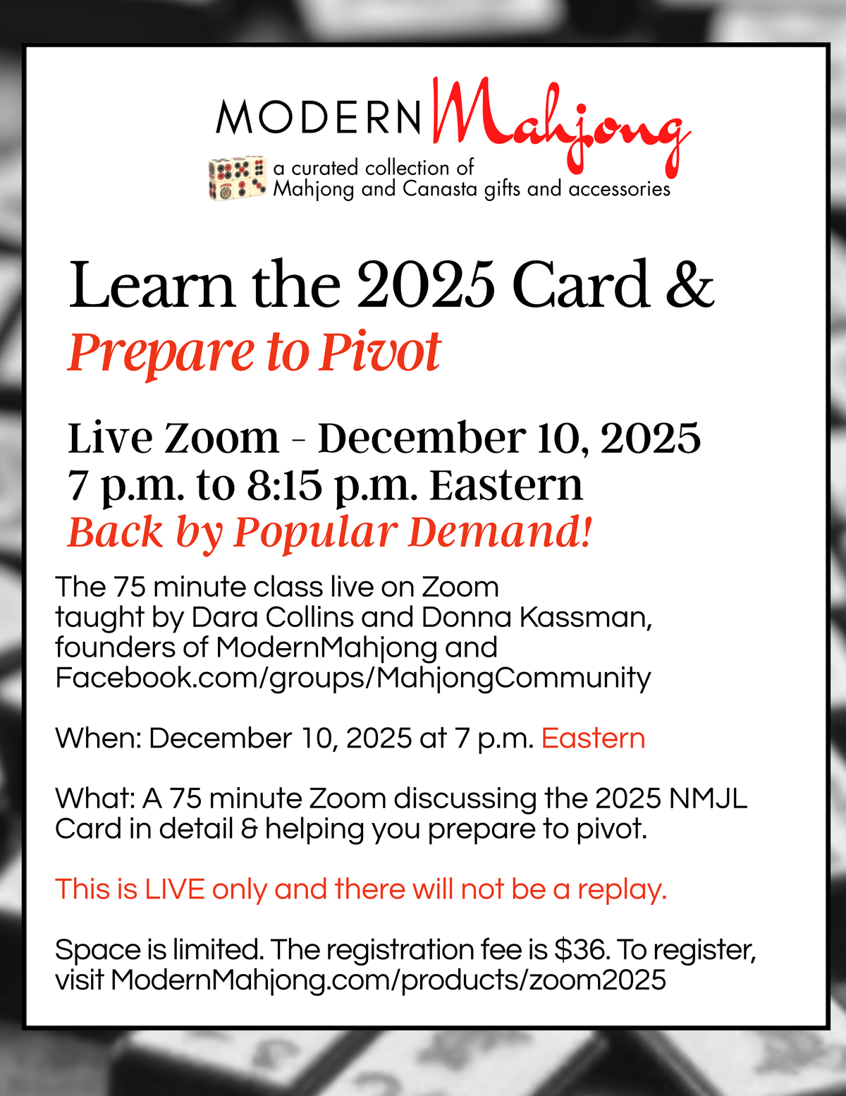 2025 Card ZOOM Online Class Prepare to Pivot - Live Only December 10, 2025 at 7 p.m. EASTERN TIME ZONE