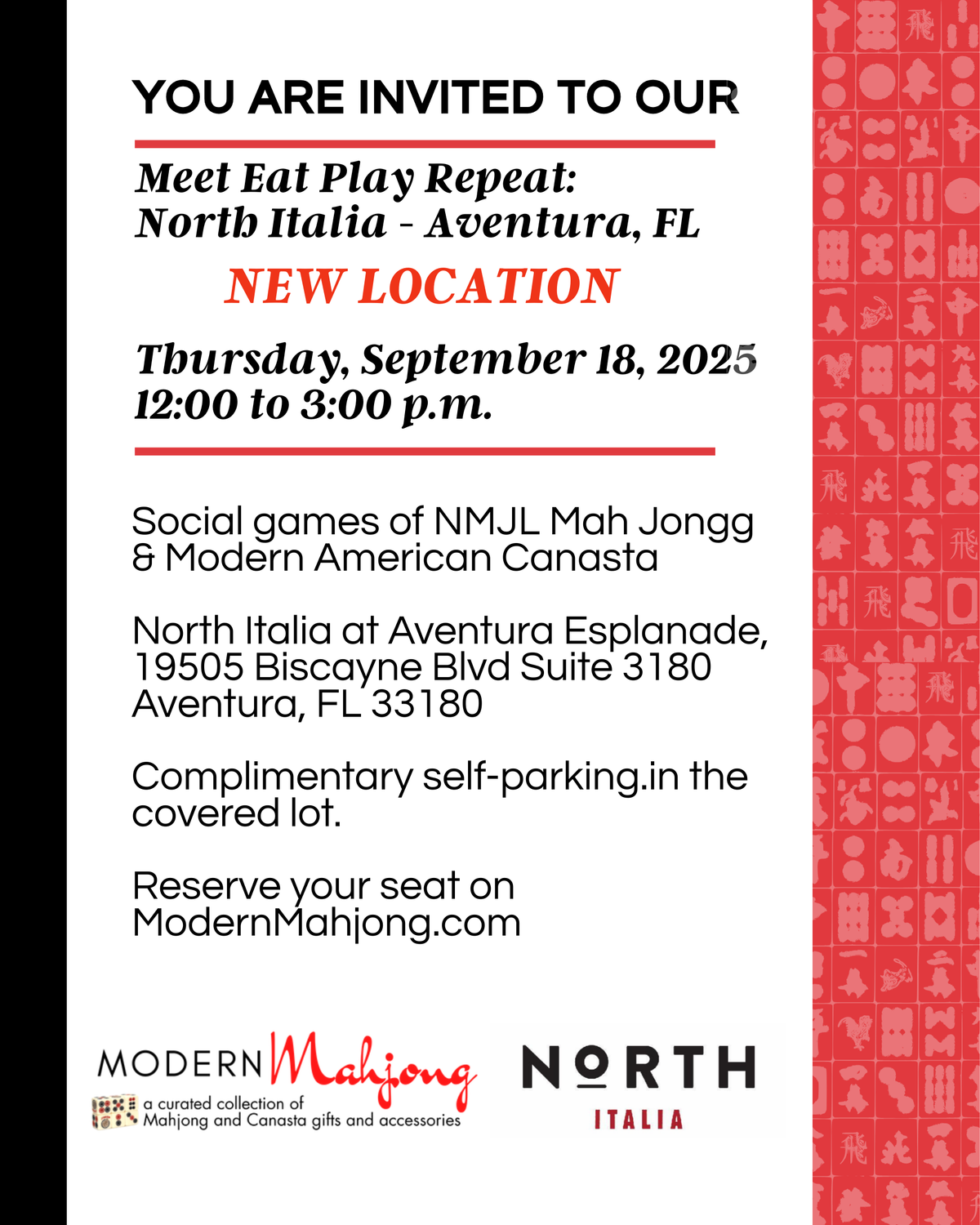 September 18,  2025: Meet Eat Play Repeat at NORTH ITALIA (Esplanade at Aventura Mall)