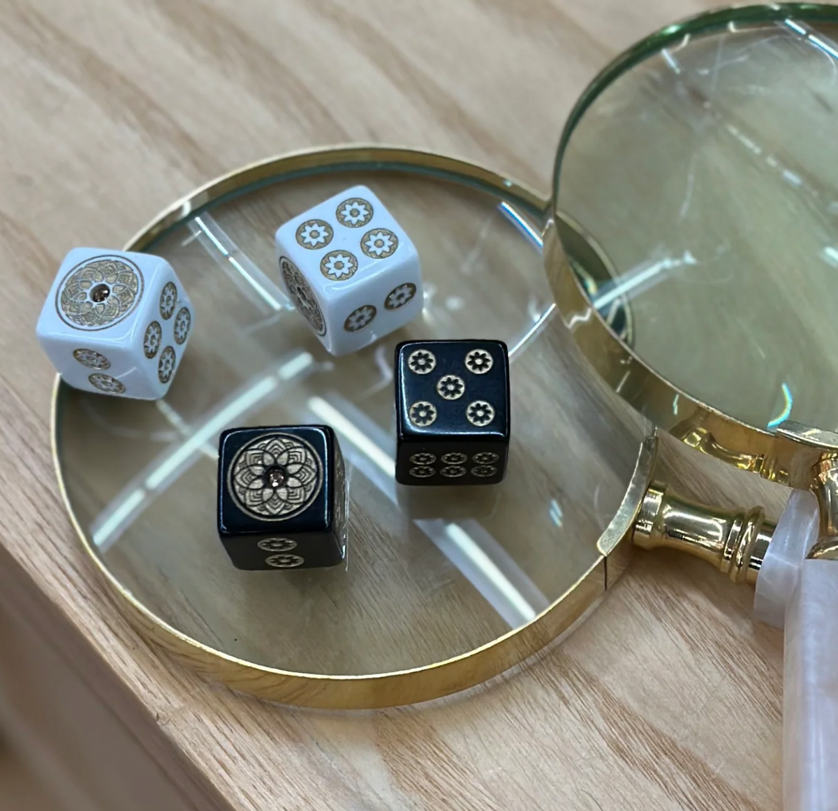 Midnight Gold Bling - one pair 19 mm black dice with gold & smoke topaz stone