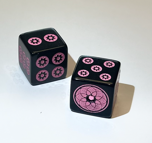 Hot Pink Bling Designs on Black Dice - one pair 19 mm black dice with hot pink with pink stone