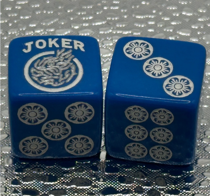 One Joker Away - one pair of slightly larger 19 mm blue dice with white and silver