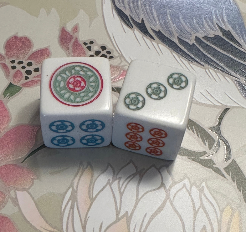 Pretty Floral Sequel - Jokerless Mahjong Dice™ with pink, purple, light blue, green and orange Floral Dot Design