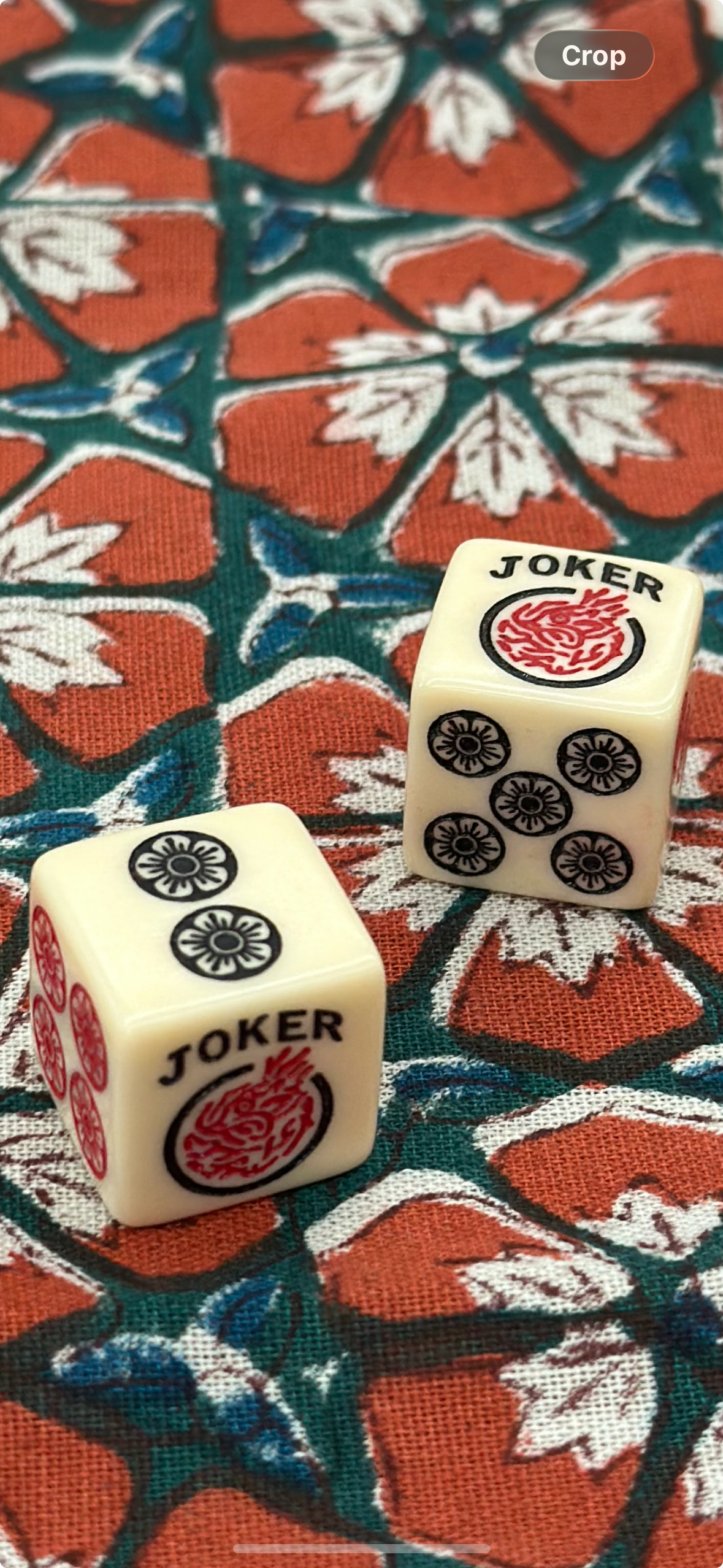 One Joker Away - one pair of ivory color 19mm size dice with red and black