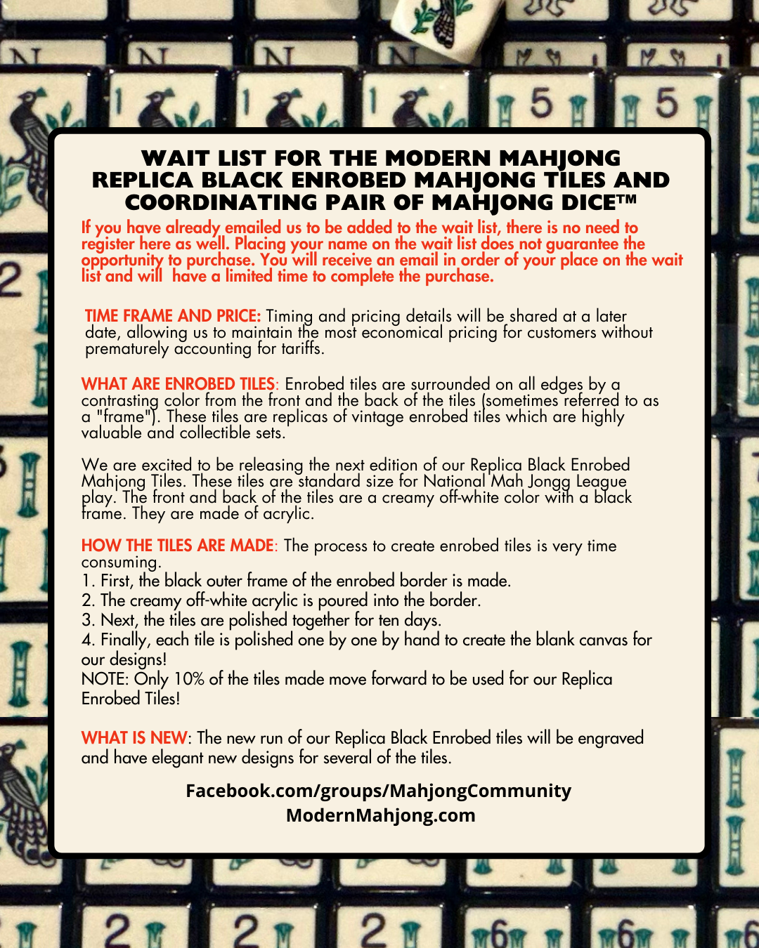 Wait list for the Modern Mahjong  Replica Black Enrobed Tiles (160) and coordinating pair of Mahjong Dice™