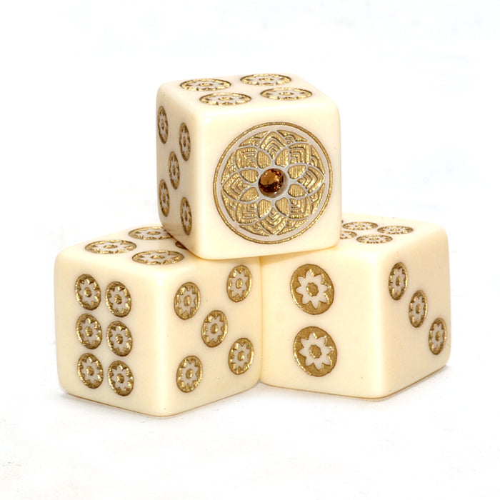 Gold Rush Bling - one pair 19 mm ivory color dice with gold & smoke topaz stone