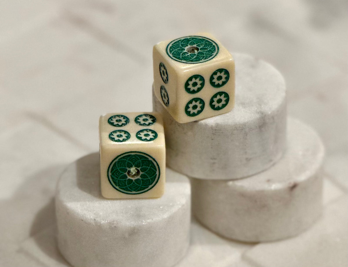 Mah Jongg - It is Easy Being Green Bling - one pair 19 mm ivory dice with green & green stone