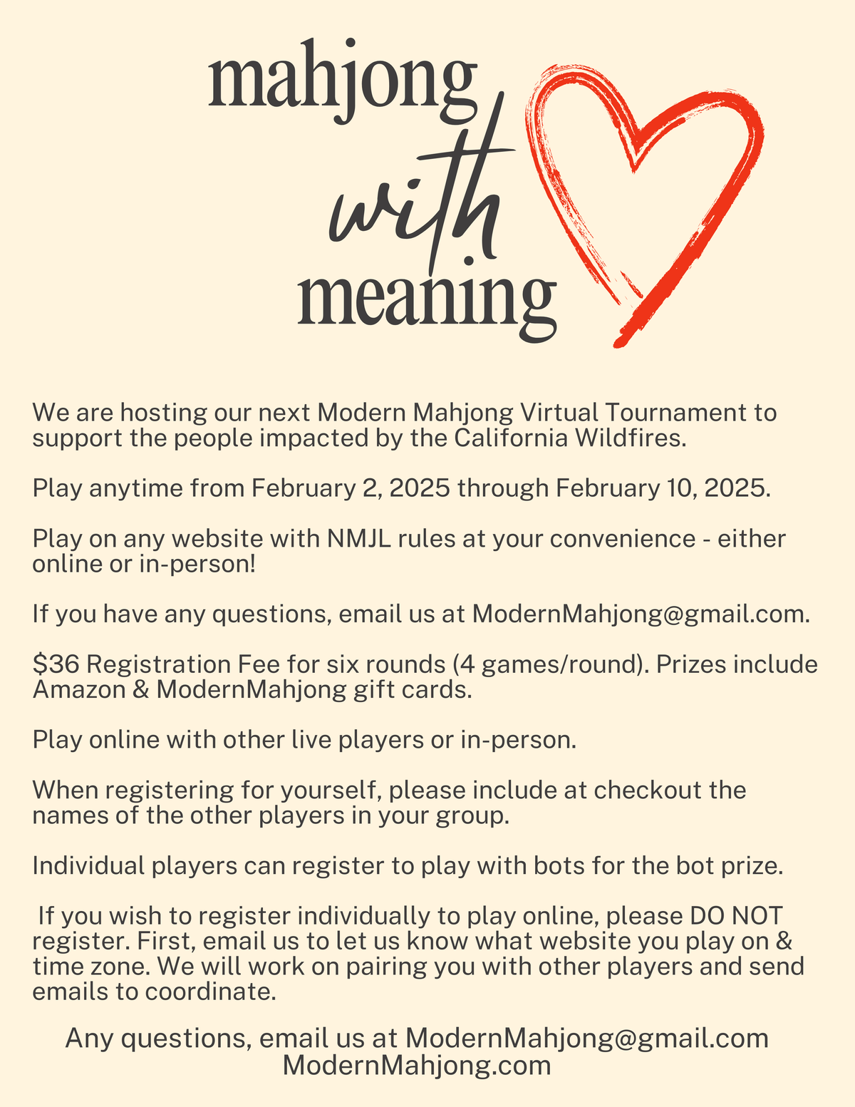 Mahjong with Meaning - Modern Mahjong Hybrid Tournament to support people impacted by the California Wildfires