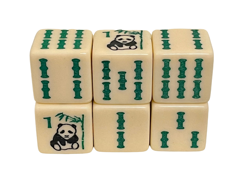 Panda Bear Bamboo - one pair of slightly larger 19 mm ivory dice with panda bear and bam designs