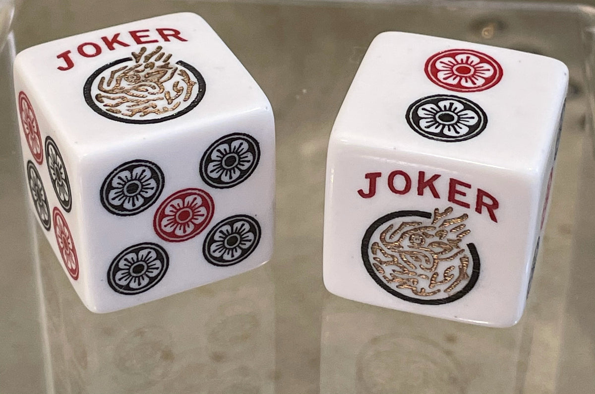 Jumbo Golden Joker  - one pair of Jumbo 25mm white dice with red, black and golden accents