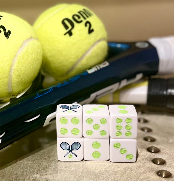 Grand Slam! One Pair of Tennis Mahjong Dice™  Slightly larger Size 19mm - White with Tennis Ball and Racket Design